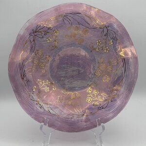 Florescent Purple Ruffled Hand Painted Gold Trim Decor Plate Vtg